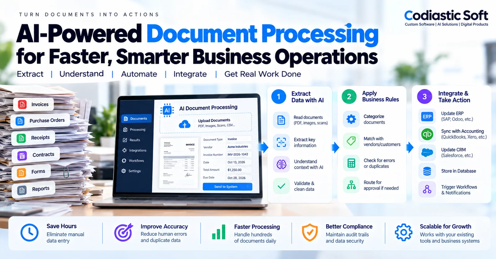 AI document processing workflow extracting information from invoices and business documents, applying validation rules and integrating with ERP and accounting systems.
